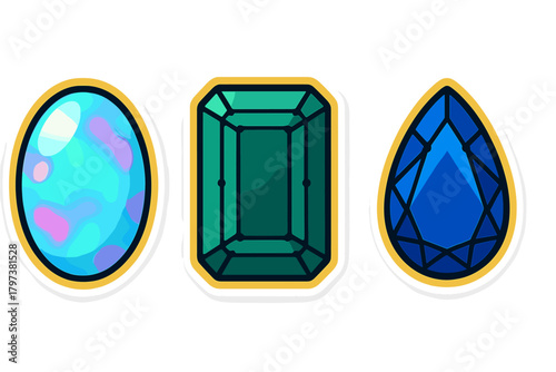Three colorful precious gemstones including opal, emerald cut, and sapphire shapes