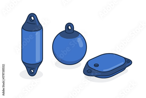 Set of three different blue boat fenders including cylindrical, spherical, and flat shapes
