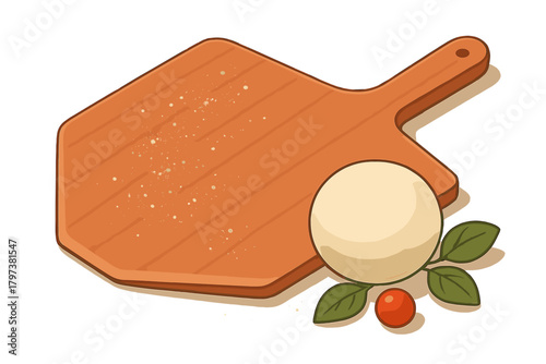 Fresh pizza dough ball, basil, and tomato ingredients on a wooden pizza peel