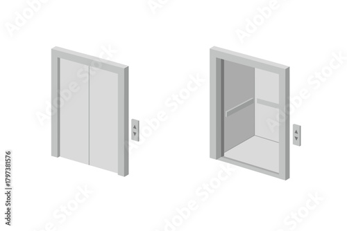 Modern elevator doors in isometric view showing closed and open states with call buttons