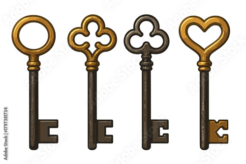 Collection of four antique skeleton keys with ornate bows in gold and dark metal finishes isolated on white