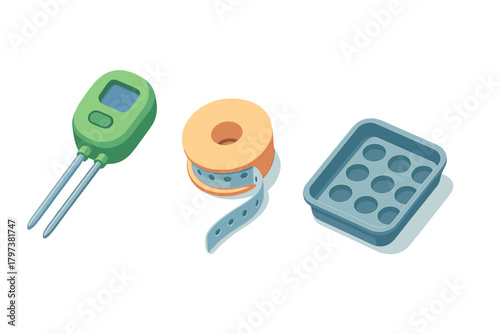 Isometric set of gardening tools including soil moisture meter, seed tape, and seedling starting tray