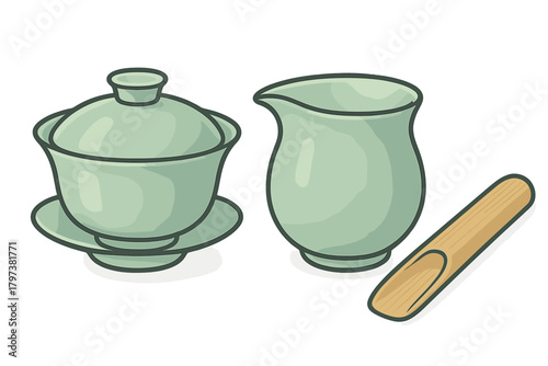 Traditional Chinese tea ceremony objects including gaiwan, fairness cup, and wooden scoop