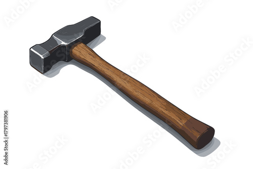 Detailed heavy metal hammer with wooden handle lying diagonally on a clean white surface