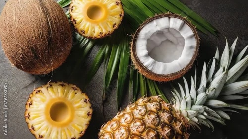 Fresh tropical fruits display with golden pineapple and coconut arranged creatively