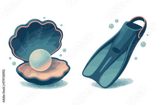 Open oyster shell with a luminous pearl and a dark blue diving flipper