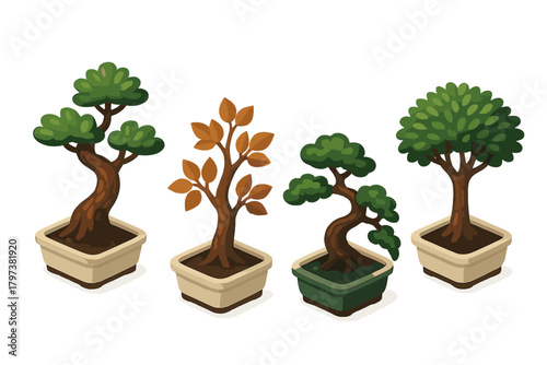Isometric set of various traditional Japanese bonsai trees in ceramic planters