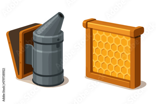 Professional beekeeping equipment featuring a traditional smoker and a wooden frame holding natural honeycomb