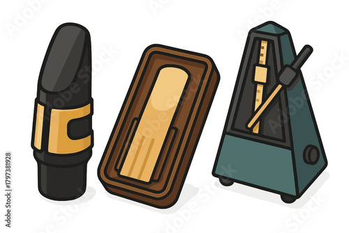 Saxophone mouthpiece, reed, and classic mechanical metronome for musical rhythm practice