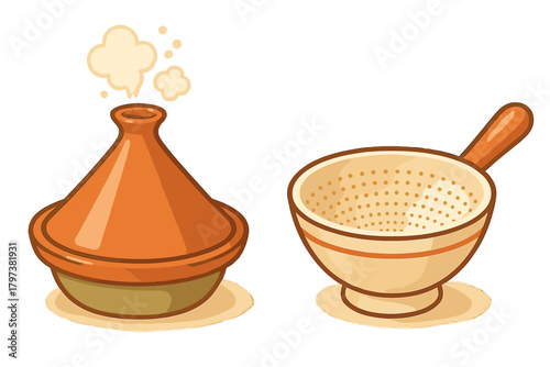 Steaming Moroccan tagine pot and kitchen strainer bowl