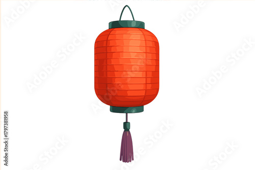 Traditional red Chinese lantern with green accents and purple tassel for festive celebration