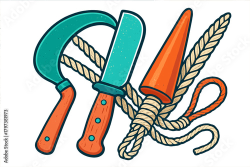 Nautical tools and sharp implements including a sickle, knife, and marlinspike wrapped in thick rope