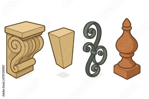 Architectural and decorative elements set featuring corbel, finial, and wrought iron scrollwork