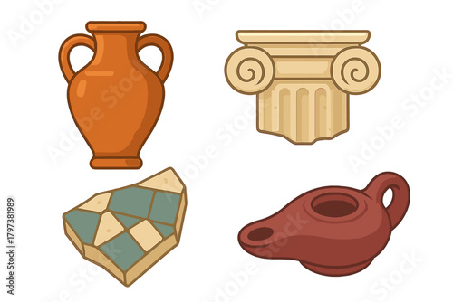 Set of classical antiquity objects featuring ancient pottery, architectural column, oil lamp, and mosaic