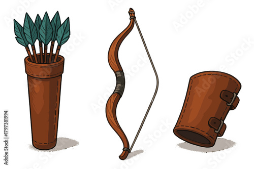 Collection of traditional archery gear: recurve bow, leather quiver filled with arrows, and arm guard