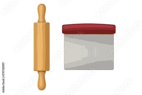 Set of wooden rolling pin and stainless steel dough scraper baking tools