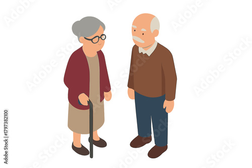 Isometric view of an elderly couple standing together, senior woman holding a cane and senior man