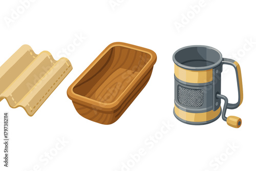 Essential kitchen baking tools set with dough sheets, wooden loaf pan, and flour sifter