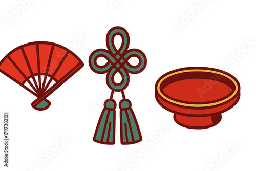 Traditional Asian decorative elements: folding fan, mystic knot, and pedestal dish