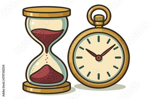 Vintage golden pocket watch beside a classic hourglass with red sand flowing