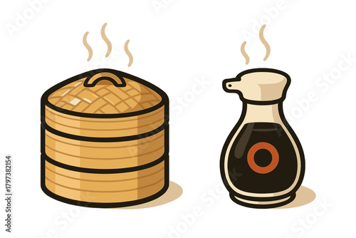 Traditional bamboo steamer basket and glass dispenser bottle with soy sauce
