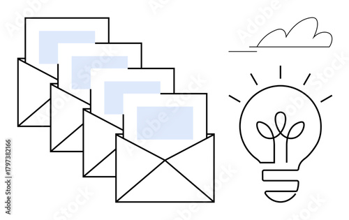 Open envelopes revealing papers aligned in sequence next to a glowing light bulb sprouting plants and a simple cloud. Ideal for communication, productivity, creativity, connection, innovation