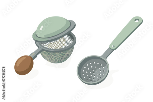 Metal tea strainer with wooden handle and gray slotted spoon kitchen utensils