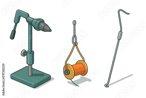 Essential fly tying tools set featuring a vise, bobbin holder, and whip finisher for crafting fishing flies