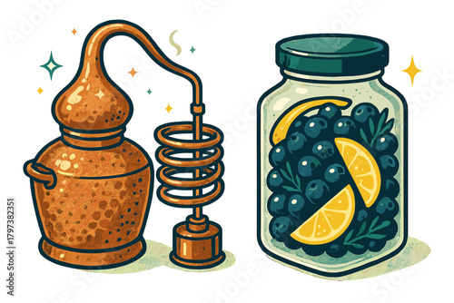 Traditional copper alembic still and jar of botanicals for craft spirit making