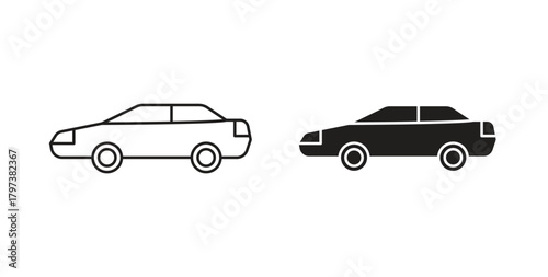 Car side view icon glyph and line set thin line symbol concept.