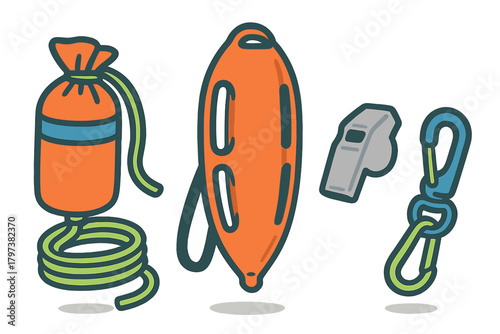 Lifeguard rescue equipment set with throw bag, torpedo buoy, whistle, and carabiner