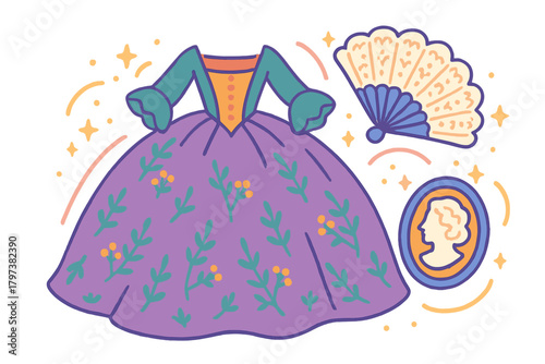 Historical purple gown with floral pattern, elegant hand fan, and cameo portrait