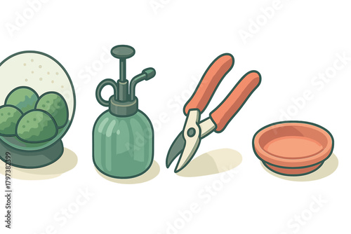 Gardening equipment set featuring plant mister, pruning snips, terrarium, and terracotta saucer