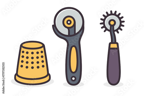 Essential sewing tools collection featuring thimble, rotary cutter, and tracing wheel
