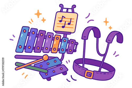 Colorful percussion instrument set featuring glockenspiel, mallets, music stand, and marching harness strap