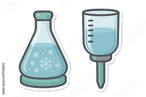 Stylized scientific glassware icons featuring a flask with snowflakes and a graduated cylinder
