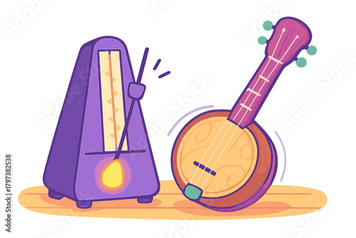 Purple metronome and banjo musical instruments resting on a wooden surface