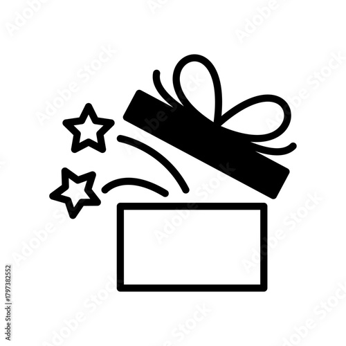 開いたプレゼントボックスのイラスト（モノクロ・リボン付き）