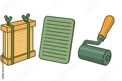 Wooden printing press, textured block, and ink brayer roller for traditional printmaking craft