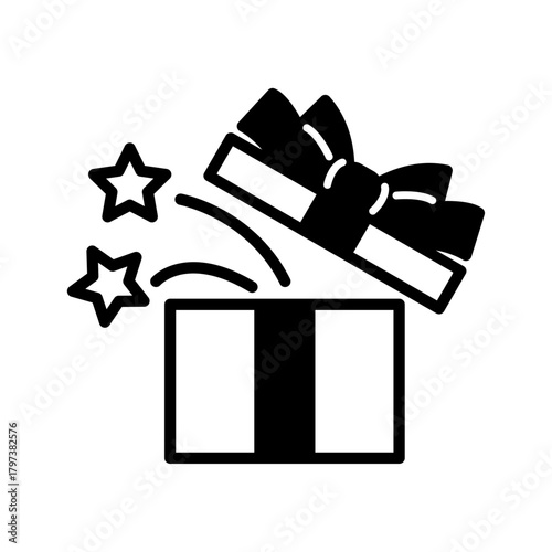  開いたギフトボックスのイラスト（モノクロ・ふたが浮いた構図）