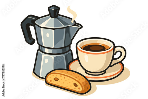 Steaming espresso from traditional Italian Moka pot with cup and biscotti cookie