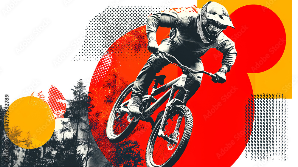 Fototapeta premium BMX cyclist stunt midair dynamic geometric dotted texture helmet mountain forest backdrop action adrenaline graphic poster collage silhouette orange red yellow contrast bursting with, isolated