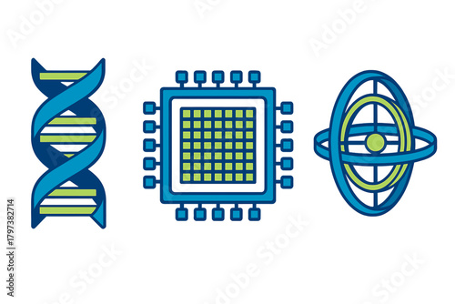 Scientific and technological concepts featuring DNA structure, microchip, and abstract sphere