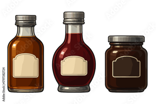 Glass bottles and jar with metal lids containing dark liquids and blank labels