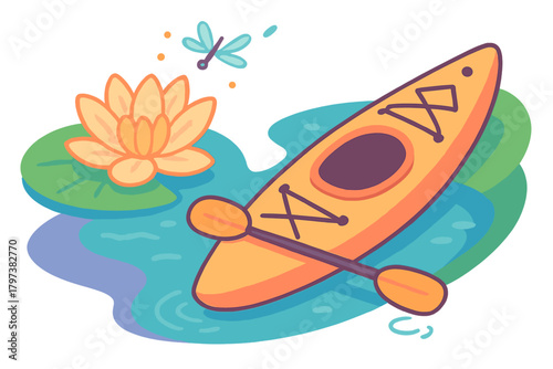 Colorful outdoor scene featuring a kayak, paddle, lotus flower, and dragonfly on calm water