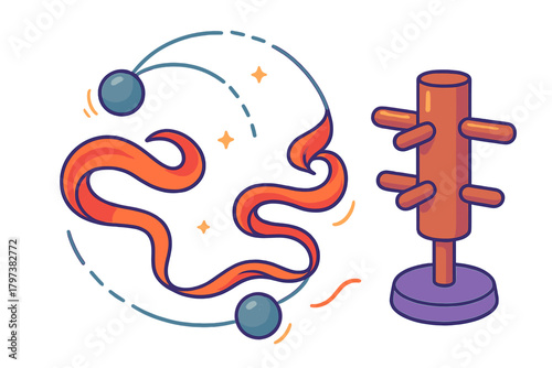 Traditional Wing Chun wooden dummy training tool with abstract flowing ribbon and energy spheres