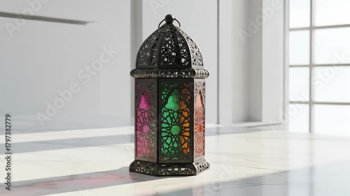 A decorative lantern with vibrant glass panels, casting light against a clean, marble surface
