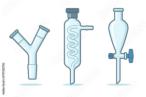 Chemistry laboratory glassware set with separatory funnel and reflux condenser