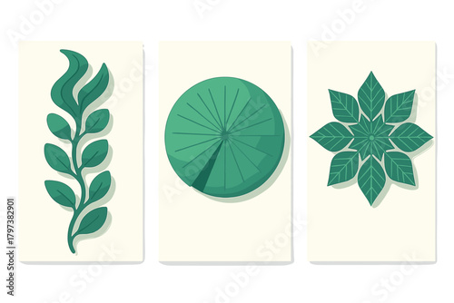Minimalist green botanical triptych featuring a leafy stem, water lily pad, and abstract floral elements