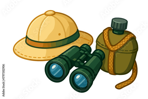 Essential gear for a safari adventure including a pith helmet, binoculars, and a water canteen